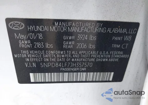 2018 Hyundai Elantra Sel z USA, uszkodzony, nr VIN 5NPD84LF7JH357570